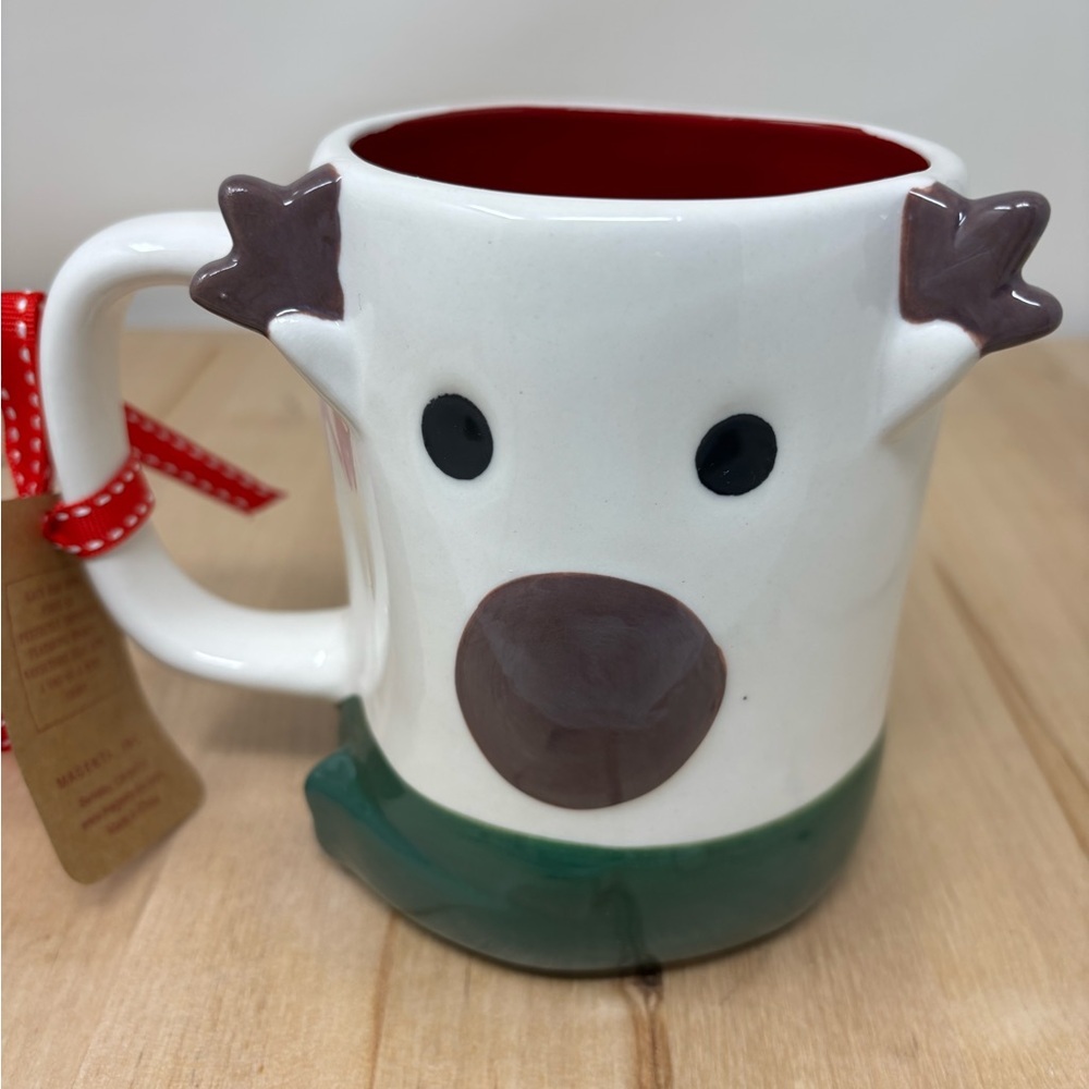 Rae Dunn Christmas OH DEER Mug White Double Sided Red Interior Green Bottom New - Picture 2 of 4